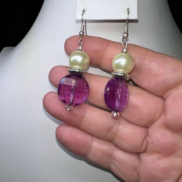 Faux Pearl and Purple Crystal Dangle Earrings - Picture 4 of 5
